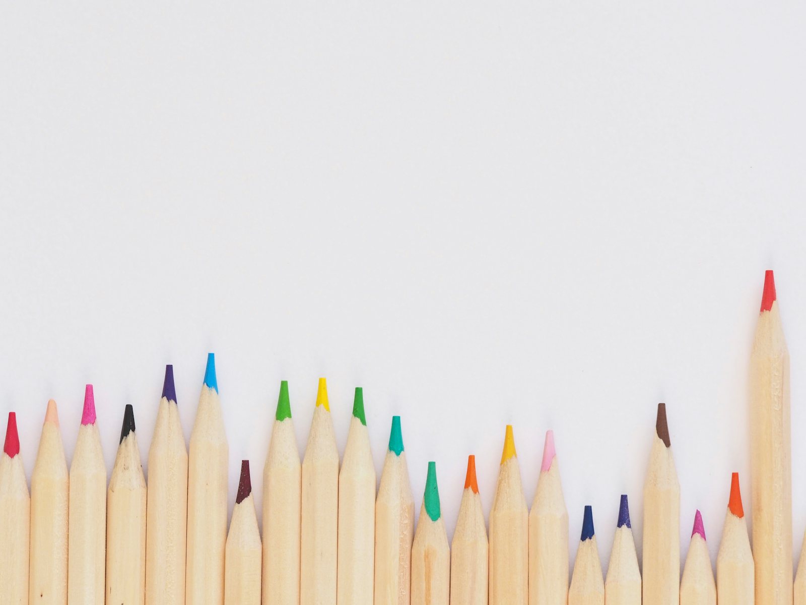 A row of sharpened colored pencils against a white surface.